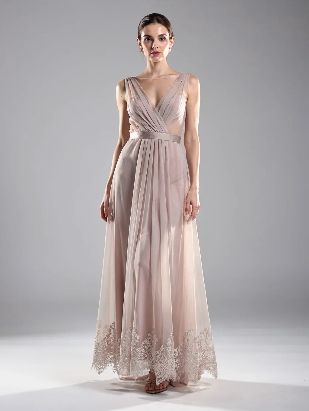 Model wearing dark evening silk gown from the Occasion Edit