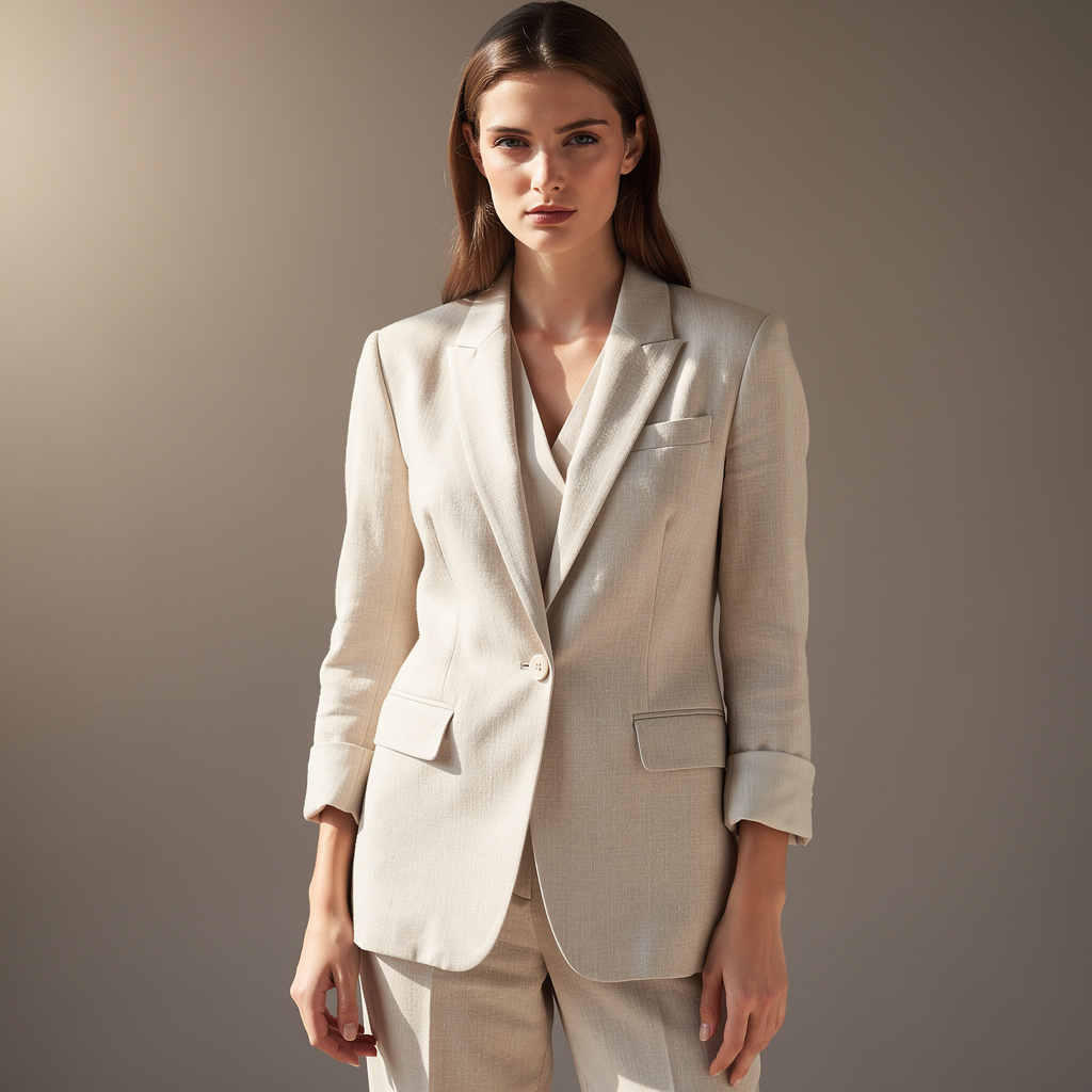 Relaxed tailored linen blazer styled with pleated trousers in sand tone
