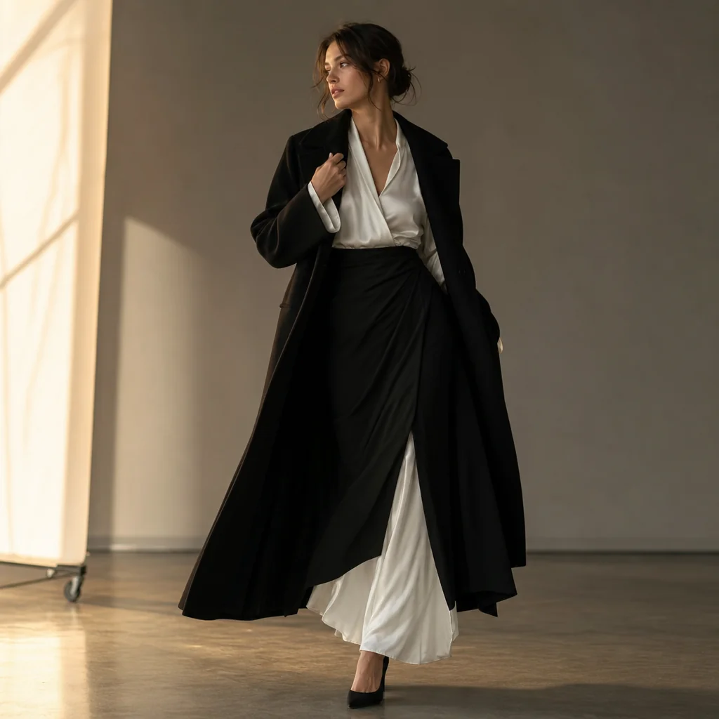 Minimalist structured poplin shirt and silk drape skirt
