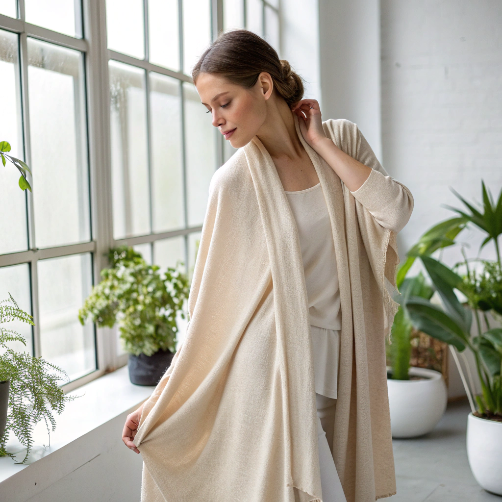 Textural knit cardigan with tortoiseshell buttons and gold accessories