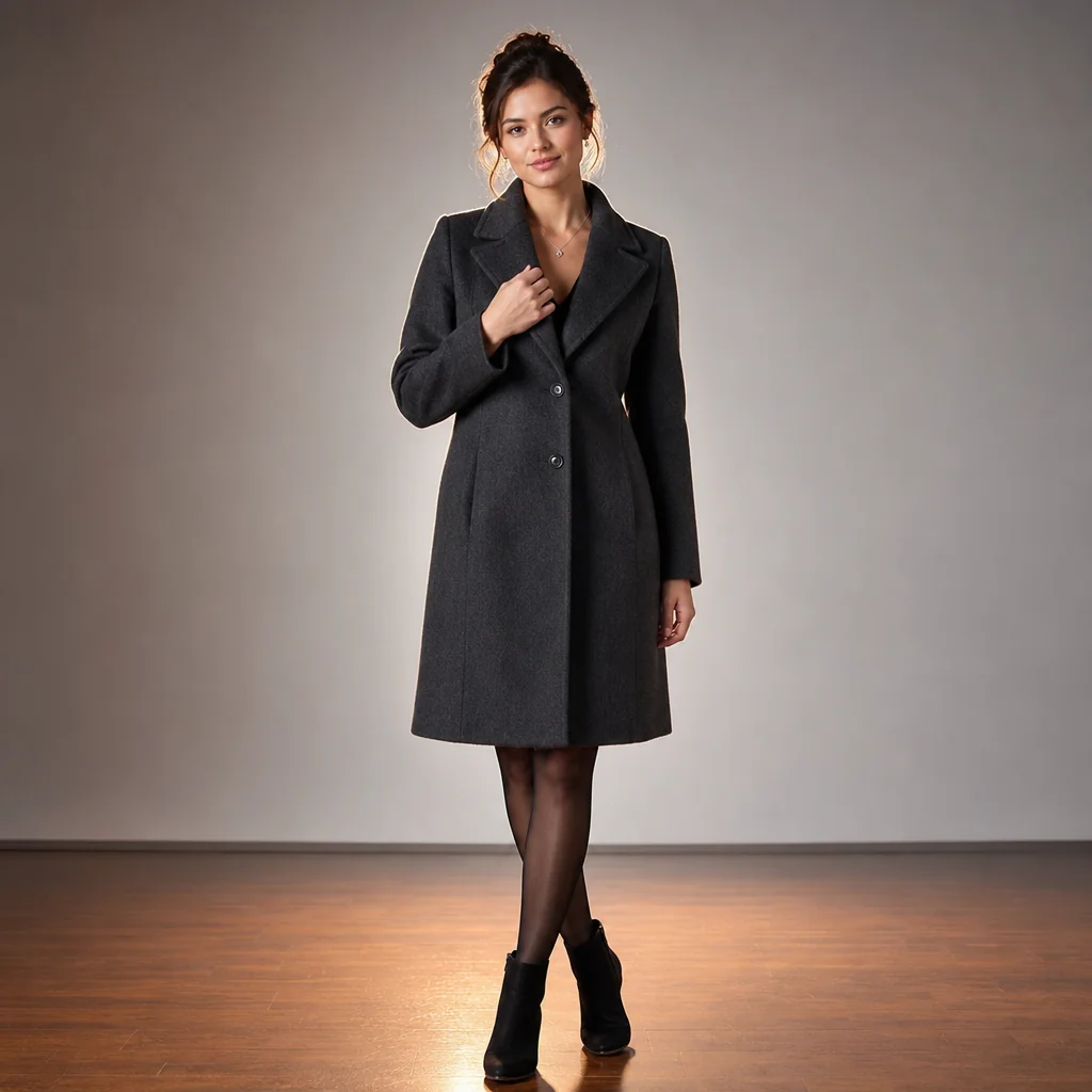 Charcoal monochrome wool coat over fine cashmere crewneck