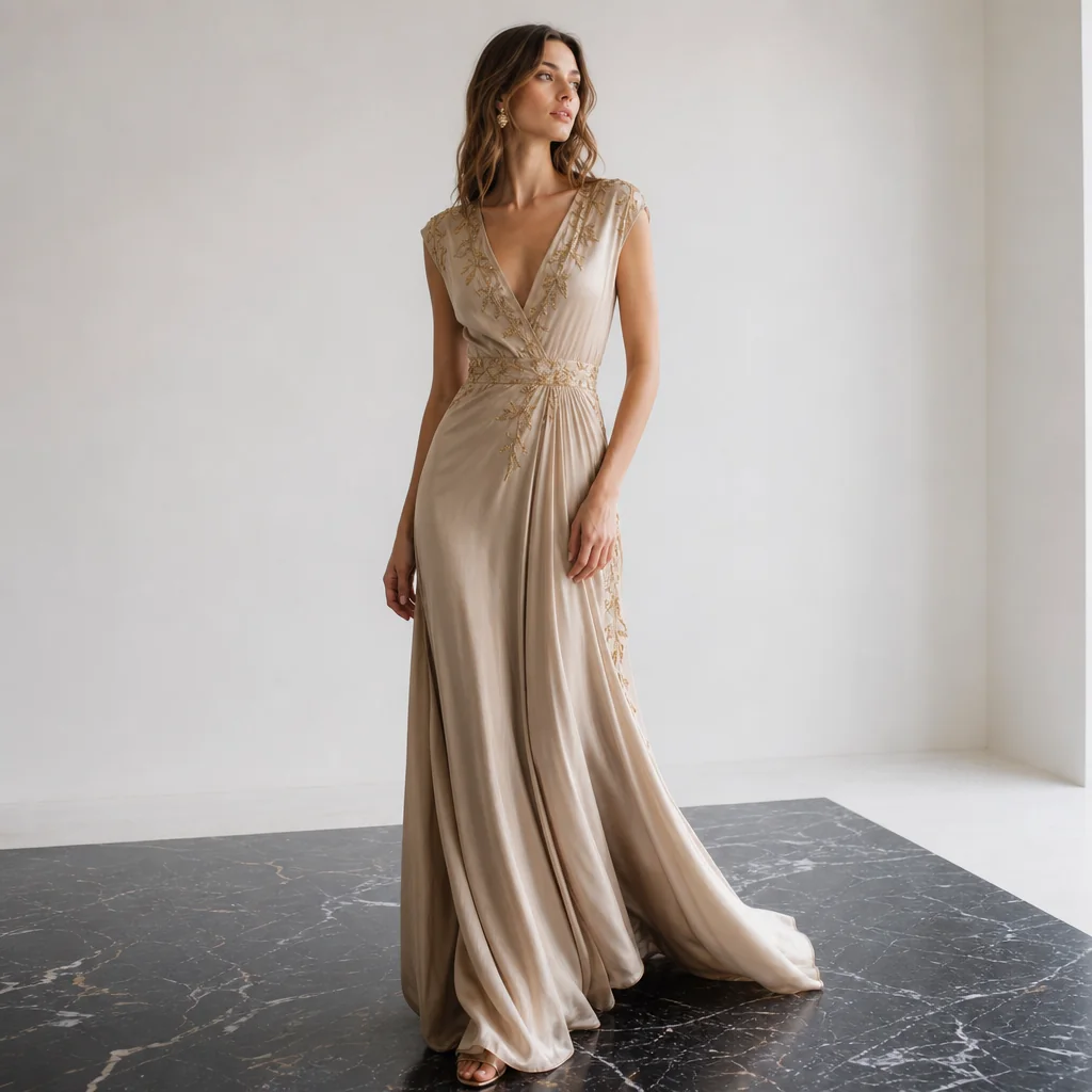 Fluid column evening dress in ivory crepe with architectural neckline